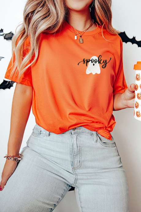Camiseta de Halloween com estampa de fantasma assustador bordado em laranja