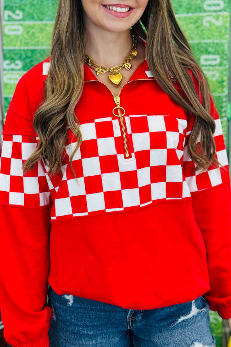 Fiery Red Colorblock Checkered Patchwork Quarter Zip Collar Shift Sweatshirt