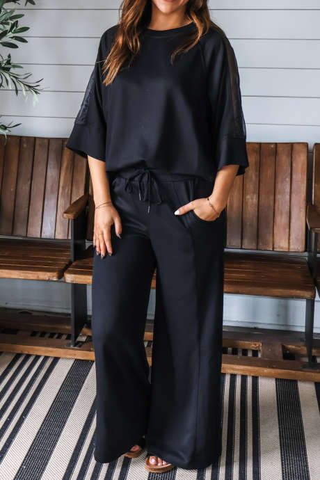 Black Mesh Patchwork Half Sleeve Pullover Drawstring Casual Pants Set