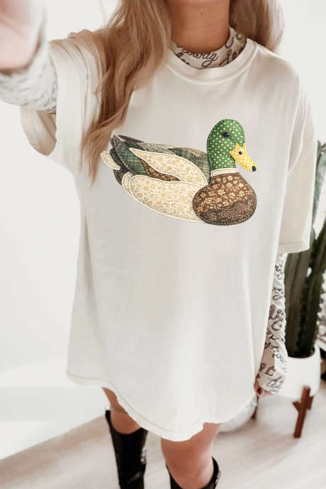 Wit Boheems T-shirt met applicatie van een wilde eend en korte mouwen.
