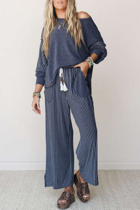 Conjunto de 2 piezas: Top de manga larga con bolsillo y pantalón casual de patchwork con costuras sin rematar en color verde azulado auténtico.