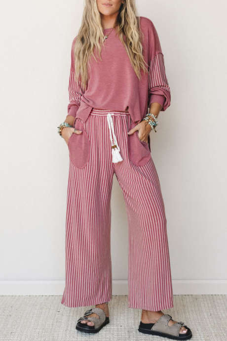 Fushia Raw Seam Patchwork Long Sleeve Top Bulsa Casual Pants 2pcs Set