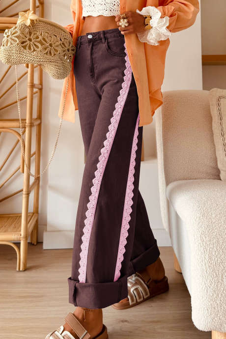 Jeans casual a lunghezza intera con inserti in pizzo color caffè, vestibilità regolare LC7877377-P1017