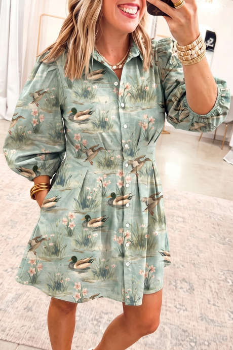 Vestido verde com estampa floral de patinhos e gola plissada.