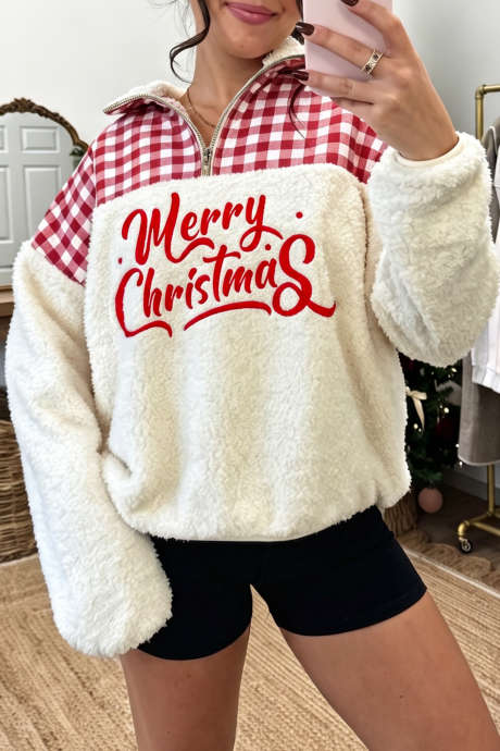 Sweatshirt Longgar Motif Kotak-kotak Putih Lembut Bertema Natal
