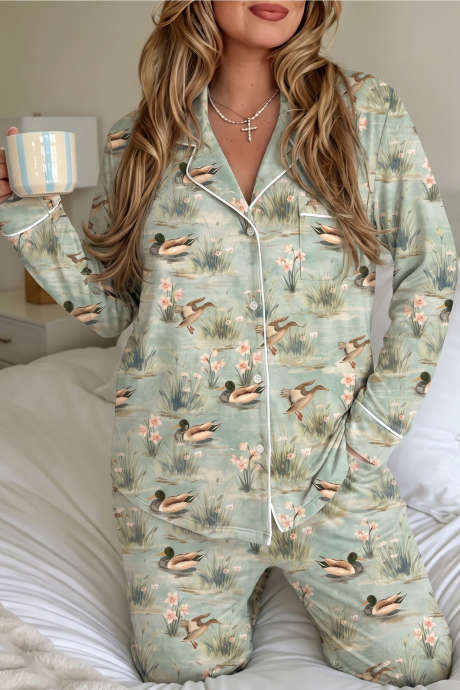 Set pijama cu mânecă lungă și imprimeu floral verde cu rață - 2 piese