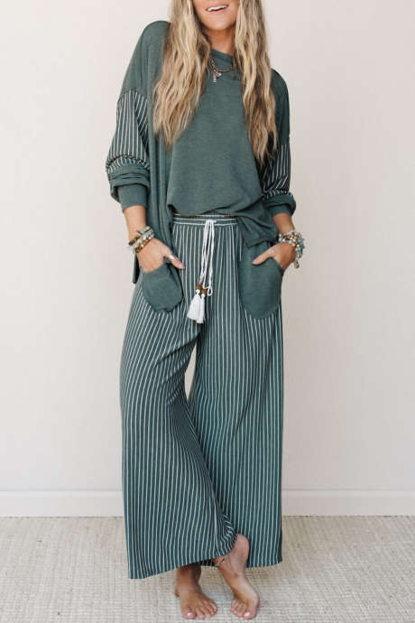 Conjunto de 2 piezas: Top de manga larga con bolsillo y pantalón casual con patchwork y costuras sin rematar de Green Bay.
