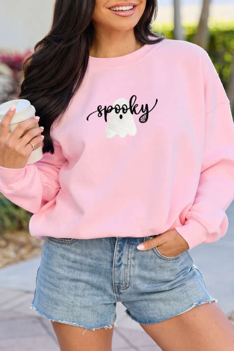 Moletom rosa com estampa de fantasma bordado para o Halloween