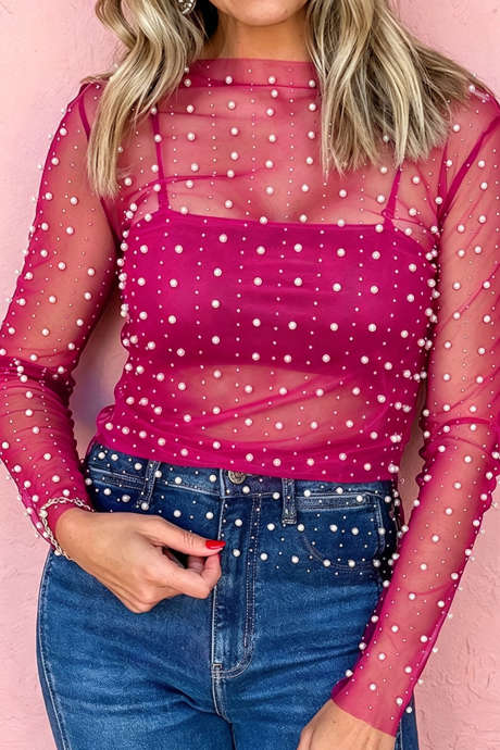 Top de manga larga con bajo sin rematar, de malla y perlas color rosa LC25139112-P6