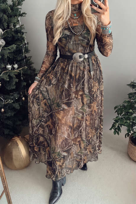 Braunes Maxikleid im Western-/Weihnachts-/Stockenten-/Leoparden-/Camouflage-Stil mit langen Ärmeln und Netzmuster