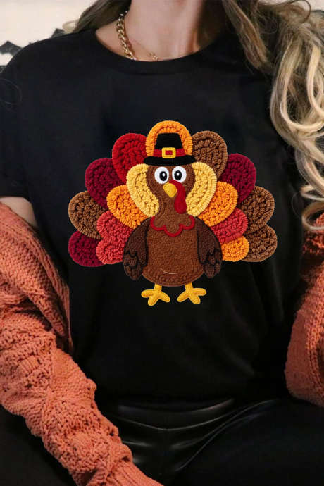Schwarzes, mit Truthahn besticktes Kurzarm-Freizeit-T-Shirt für Thanksgiving