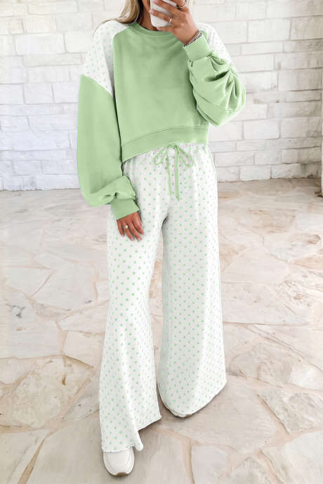 Ensemble deux pièces décontracté à manches longues et pantalon patchwork vert à pois colorblock