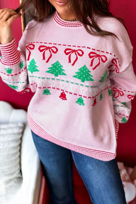 Maglione a tunica ampio con scollo rotondo e stampa festiva rosa LC2729103-P1022