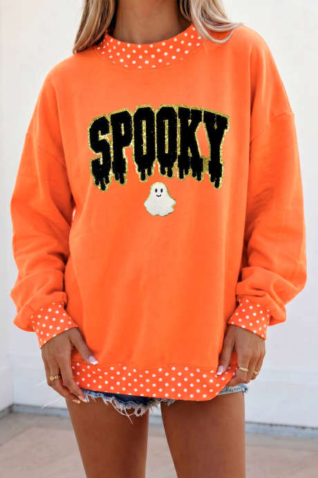 Sweat-shirt d'Halloween à col montant et imprimé de lettres effrayantes orange et bordure à pois