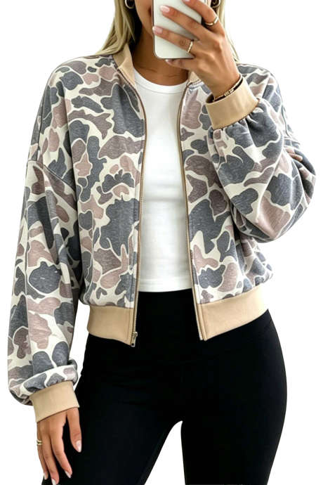 Sudadera bomber con cremallera y ribete de bloques de color con estampado de camuflaje multicolor