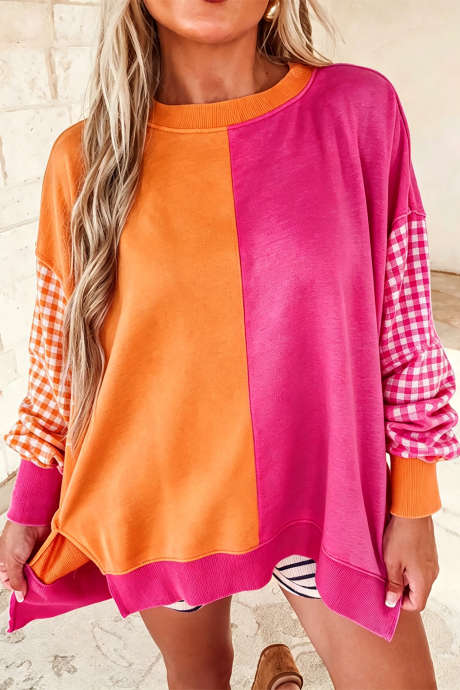 Felpa girocollo a maniche lunghe con motivo a quadri color rosso rosato