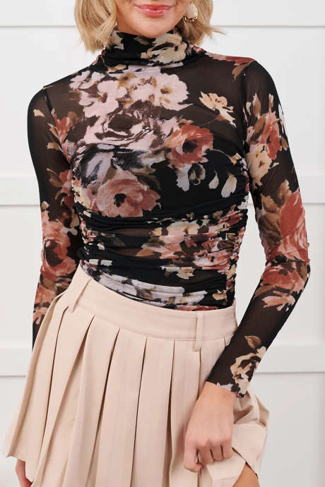 Bodysuit Lengan Panjang Berkerah Tinggi dengan Motif Jala Bunga Cokelat