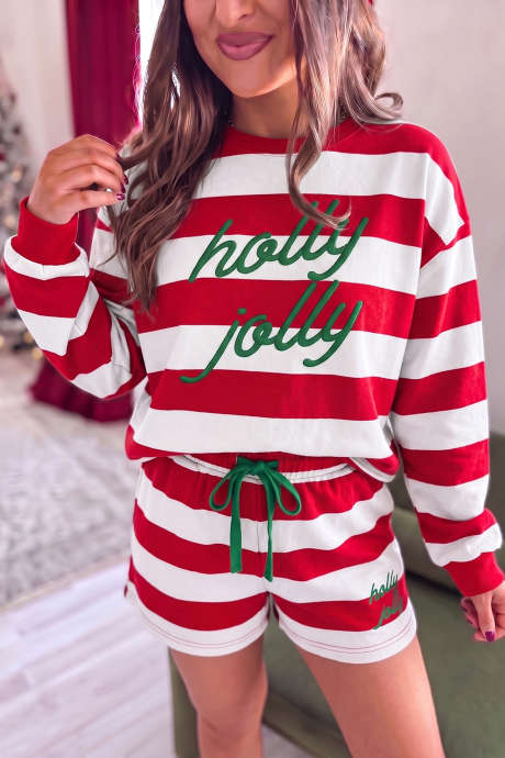 Conjunto de dos piezas de jersey de manga larga y shorts con bordado Holly Jolly de rayas rojas LC6210333-P319