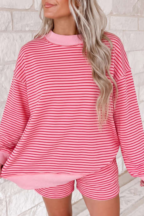Set ng Pink Stripe Ribbed Patchwork Mock Neck Baggy Pullover na Tugma sa Shorts