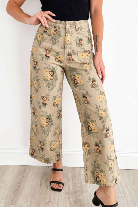 Khaki Floral Print Straight Leg Ankle-Length Casual Jeans
