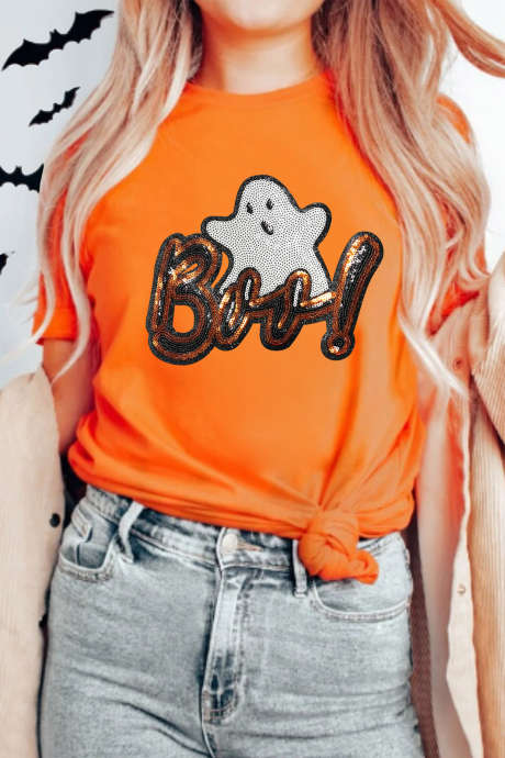 Camiseta de Halloween com estampa de fantasma de lantejoulas laranja