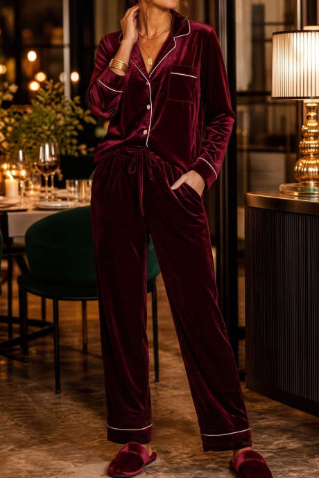 Set casual din două piese, din catifea vișinie, cu mânecă lungă și pantaloni