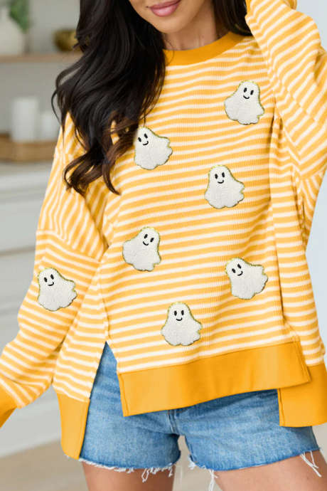 Khaki gestreepte top met Halloween-spookpatch, ronde hals en lange mouwen