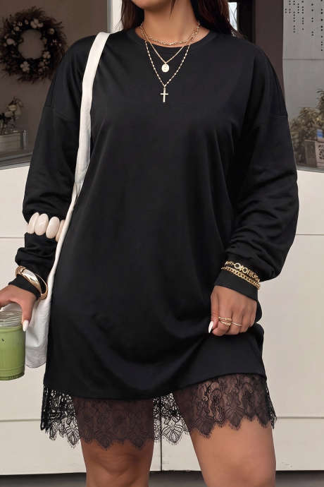 Black Casual Lace Splicing Hem Plus Size Shift Mini Dress