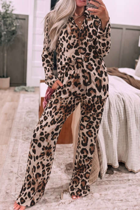 Set de două piese de leopard kaki cu mânecă lungă și nasturi