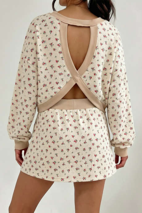 Khaki Floral Textured Crisscross Back Long Sleeve Top Mini Skirt Set