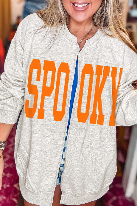 Svetlo siva pulover s strašljivim potiskom črk in grafičnim odprtim sprednjim delom LC25320668-P1011