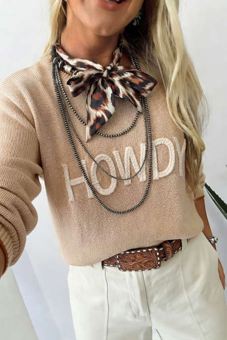 Parchment Corder HOWDY Letter Graphic Crew Neck Relaxed Sweater