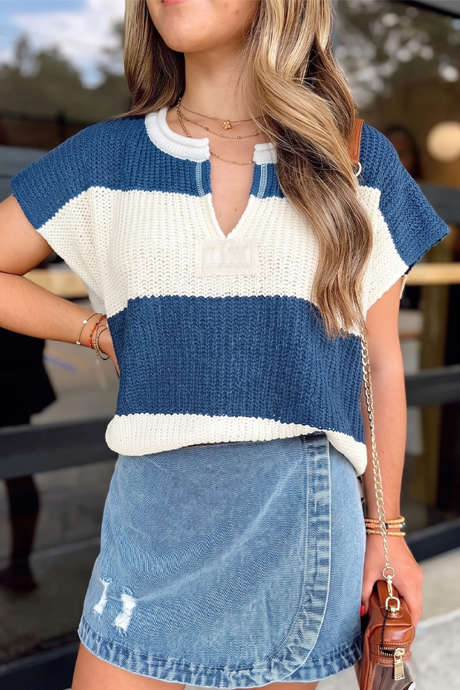 Sweter z dzianiny w niebieskie paski, w bloki kolorów, z dekoltem w serek i krótkim rękawem, luźny, LC2771933-P519
