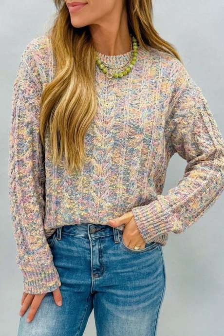 Suéter multicolor de punto trenzado acogedor con cuello redondo y manga larga con estampado de confeti LC2729120-P22