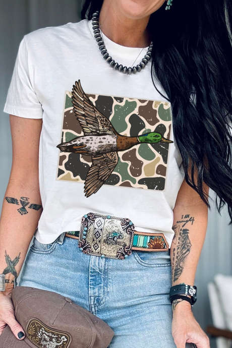 Wit Western Camo Mallard Duck Graphic Casual T-shirt met korte mouwen