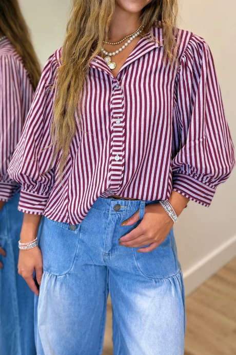 Lyserød Stribet 3/4 Pufærme Casual Button Down Skjorte