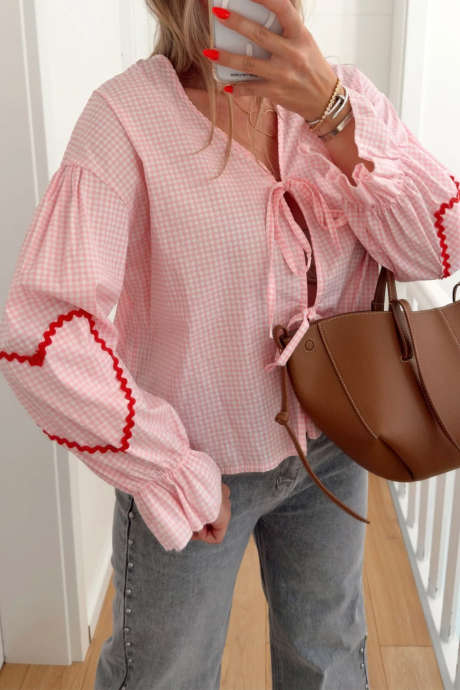 Pink Ricrac Heart Detail Long Sleeve Bow Tie V Neck Plaid Blouse