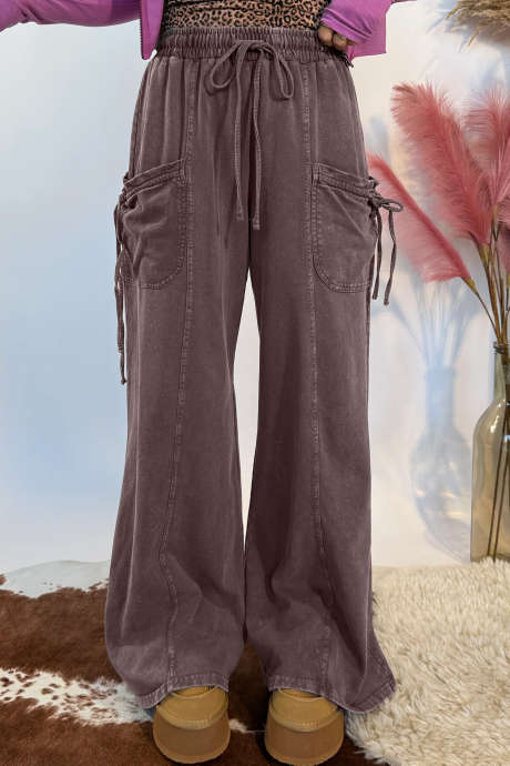 Pantalon cargo en coton marron foncé délavé à l'huile minérale, taille élastique et cordon de serrage