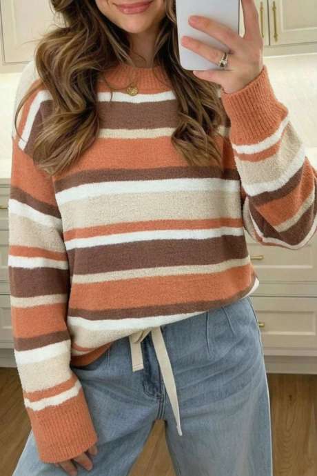 Maluwag na Pullover Sweater na may Damit na may Guhit na Kahel at Nakababa ang Balikat