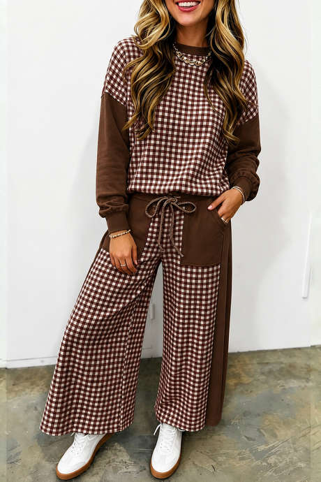 Ensemble pull à manches longues et pantalon large à carreaux marron