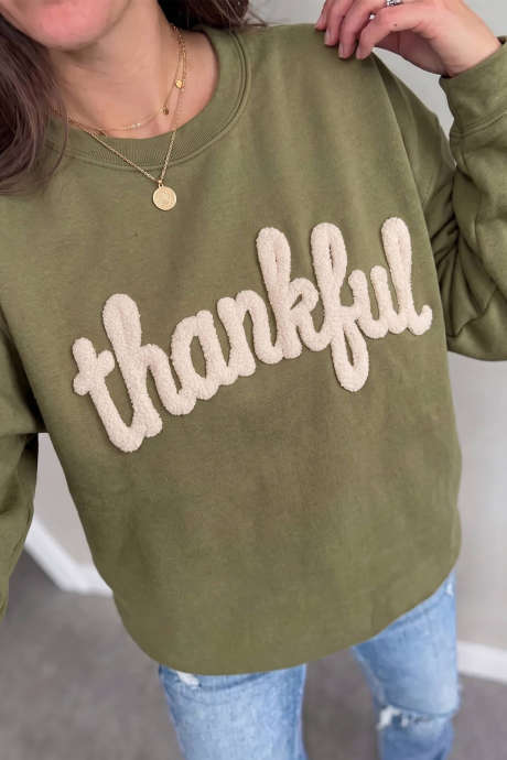 Laurel Green Thankful Fleece Letter Graphic Pullover Sweatshirt
