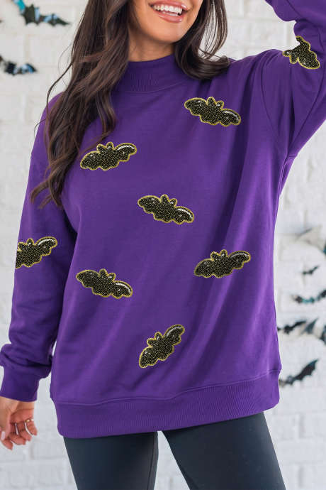 Pulover z vijoličnim bleščičastim vzorcem netopirjev Tillandsia z grafiko in lažnim ovratnikom LC25322692-P8