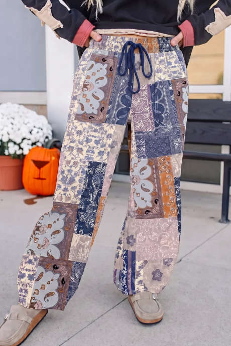 Multicolour Western Floral Patchwork/ Dyed Spots Printed Drawstring Shift Jeans