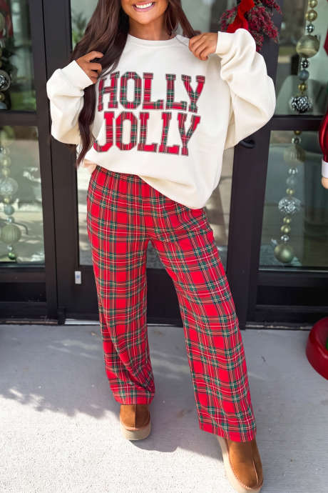 Conjunto de pantalón de dos piezas con estampado de cuadros y eslogan navideño rojo