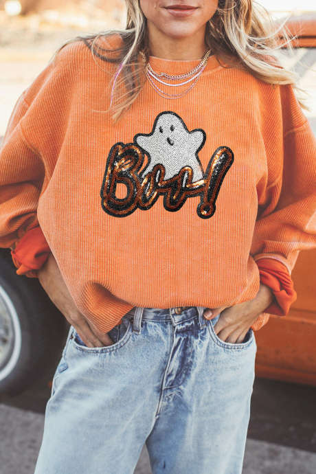 Felpa con cappuccio e scritta fantasma in paillettes arancioni, ideale per Halloween (LC25322689-2014)