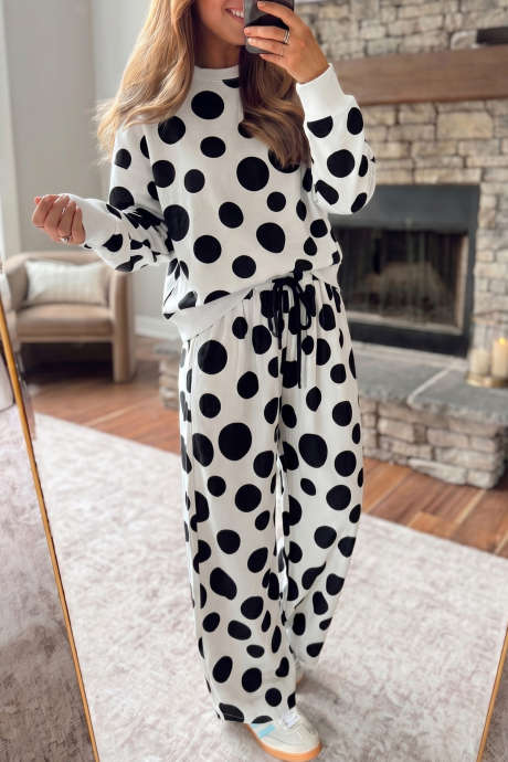 Conjunto de top de manga larga con cordón ajustable y pantalón holgado con estampado de lunares blancos LC6210158-P120