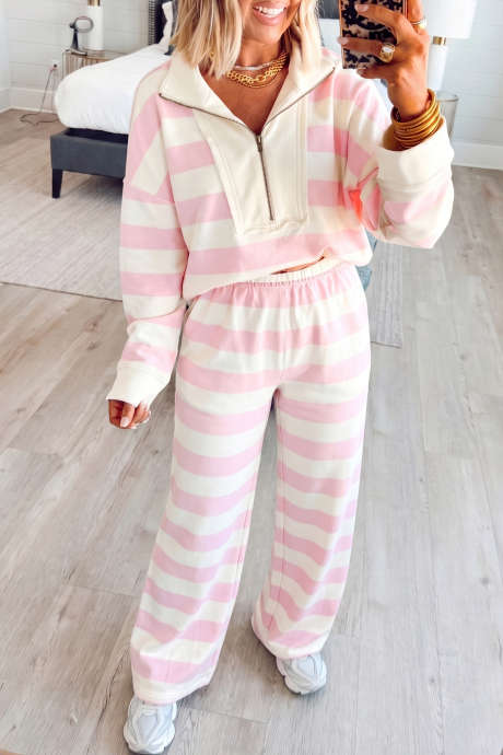 Set ng Pantalon na may Kulay Pink na Guhit na Patchwork na may Zip at Long Sleeve na may Elastic Waist