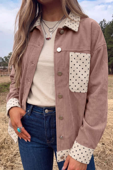Geitenkleurige contrasterende polka dot patchwork corduroy knoop shacket