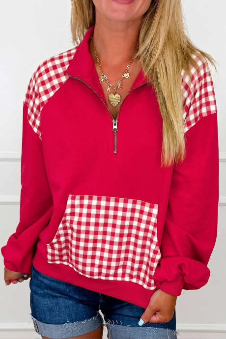 Pulover z zadrgo in žepom na četrtino z rdečo karo barvo Racing Red LC25321950-P603