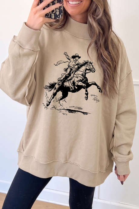 Kavbojski rodeo grafični pulover z imitacijo ovratnika marelice LC25322747-P18